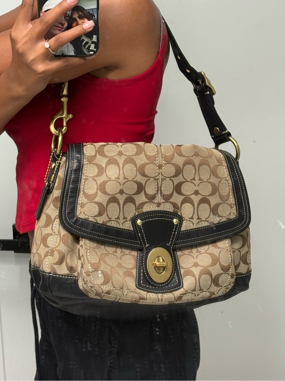 Coach Signature Legacy Ali Turnlock Shoulder Bag in Khaki/Black